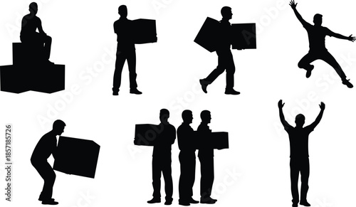 Set of delivery man silhouettes carrying cardboard boxes, worker lifting heavy packages, person sitting on crates, and happy men jumping and celebrating success,