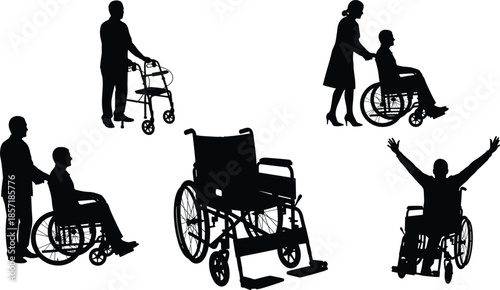 Set of disabled people silhouettes, patients in wheelchairs with caregivers, elderly man using walker, and successful disabled person celebrating, medical healthcare icons,