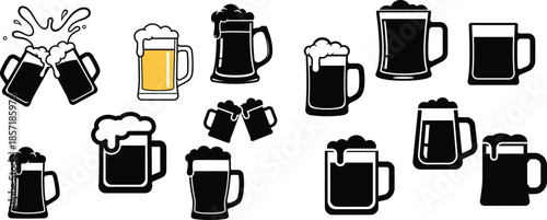 Collection of beer mugs and glasses with foamy drinks