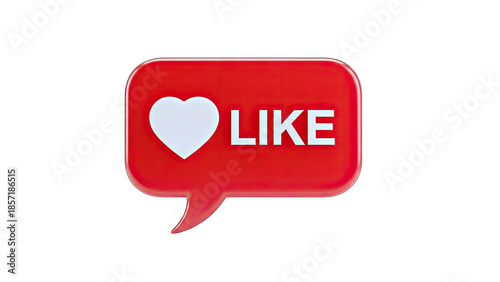 3D Red Speech Bubble with Heart Icon and Like Text on transparent background