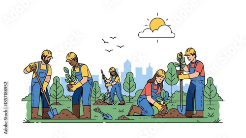 Diverse group of workers planting trees in city park with tools and shovels sunny day