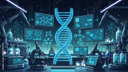 A futuristic laboratory with a glowing blue dna double helix structure surrounded by computer screens