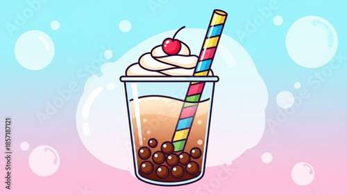 Cartoon bubble tea with whipped cream and a straw in a colorful gradient background