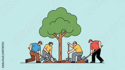 Four people planting a tree with shovels in a collaborative gardening effort outdoors