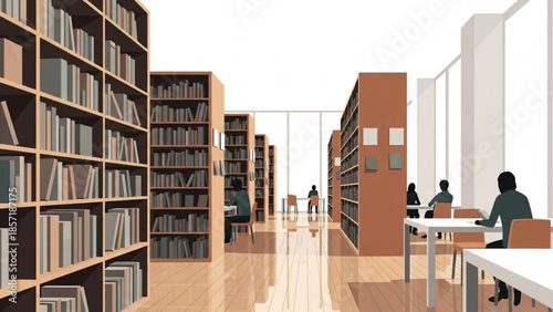 A serene library interior with people studying at tables surrounded by tall bookshelves