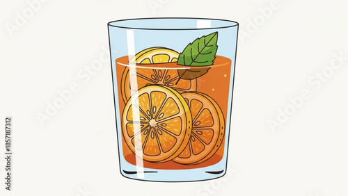 Refreshing glass of orange juice with slices and green leaf