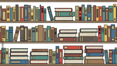 Colorful illustration of books on wooden shelves in a library or home study area with various book sizes