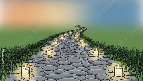Stone path illuminated by candles leading to a serene sunset symbolizing a journey or spiritual path illustration