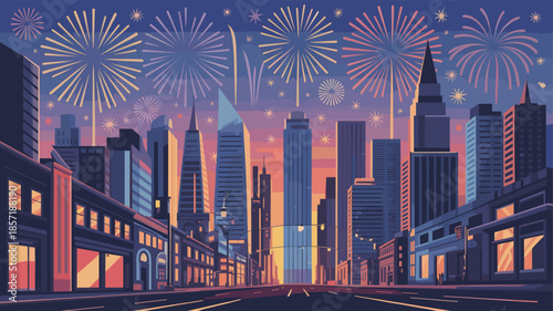 Fireworks burst over the city buildings.