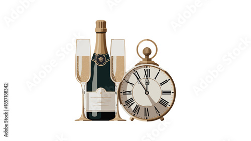 New Year's Eve celebratory still life featuring champagne, glasses, and an antique clock.