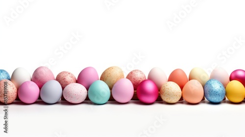 Colorful Easter Eggs Displayed in a Row Against a White Background.