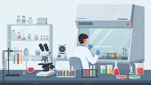 Scientist in lab coat working at laboratory bench with various scientific equipment and colorful test tubes