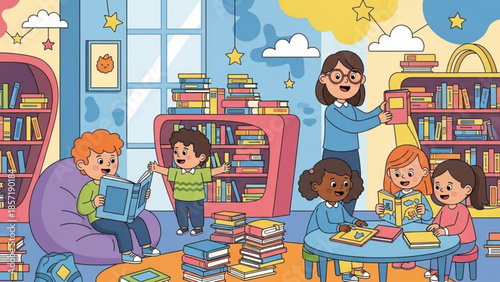 Children sitting on bean bag chair and table reading books with teacher in colorful library with shelves