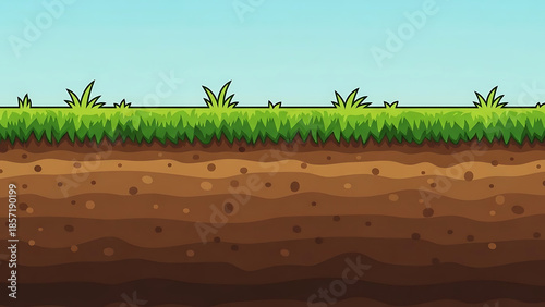 Seamless cartoon-style cross-section of fertile brown soil with green grass and blue sky above