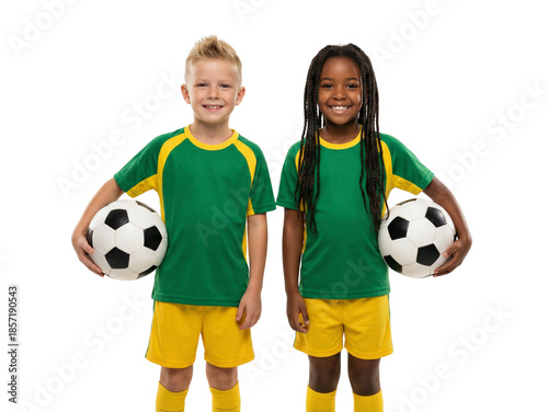 Smiling Diverse Young Soccer Players Holding Soccer Balls in Green and Yellow Uniforms