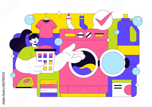 Laundry Room Vector Illustration Featuring Washing And Drying Machines, Basket Filled Dirty Clothes in a Flat Style Cartoon Background