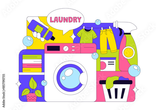 Laundry Room Vector Illustration Featuring Washing And Drying Machines, Basket Filled Dirty Clothes in a Flat Style Cartoon Background