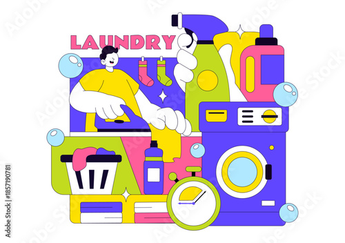 Laundry Room Vector Illustration Featuring Washing And Drying Machines, Basket Filled Dirty Clothes in a Flat Style Cartoon Background