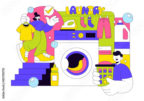 Laundry Room Vector Illustration Featuring Washing And Drying Machines, Basket Filled Dirty Clothes in a Flat Style Cartoon Background