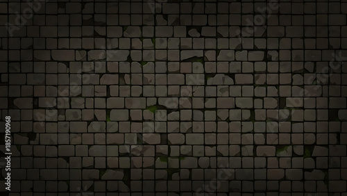 Rustic Stone Wall Texture with Grout and Green Moss Accents