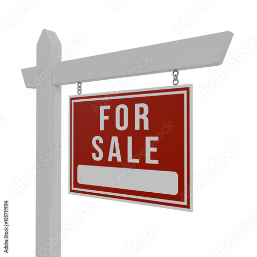 Quadro su tela 3d render Real estate for sale sign on white wooden post with red hanging board