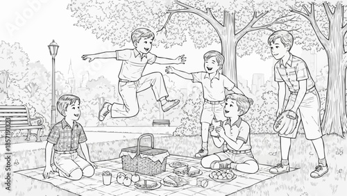 Children Enjoying a Picnic and Playing Games in a Park.