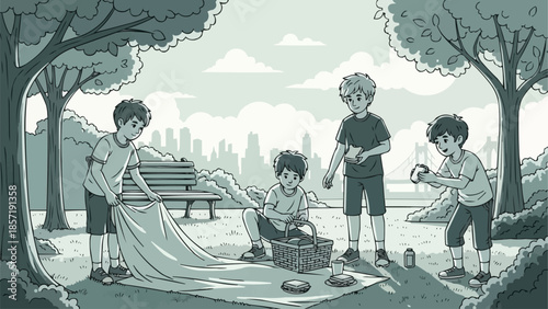 Children Enjoying a Picnic in the Park on a Sunny Day.