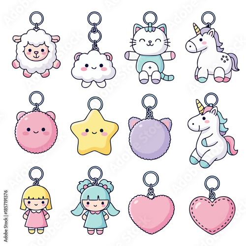 Cute Kawaii Charms A Collection of Adorable Animal, Celestial, and Heart-Shaped Keychains