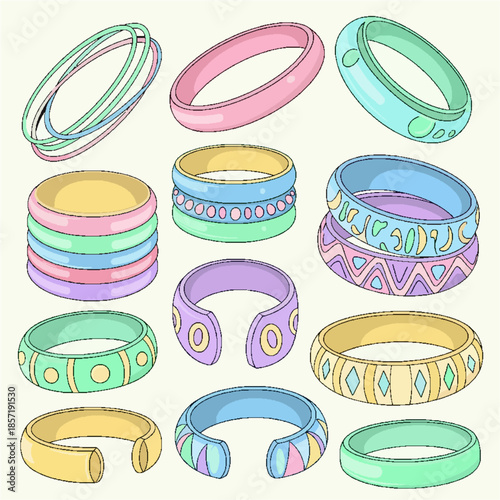 Vibrant collection of fashion bracelets showcasing diverse styles and pastel colors, perfect for adding a touch of elegance and playful charm to any accessory design or personal adornment concept