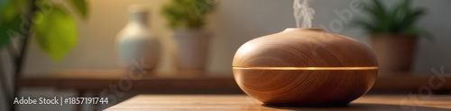 Close-up of a sophisticated aroma diffuser, emitting a gentle, fragrant mist The device showcases sleek design and elegant simplicity, promising a sensory experience , oil diffuser, scent diffuser