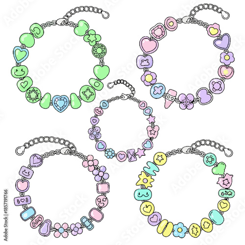 Charming handmade beaded bracelets featuring cute kawaii-style charms and colorful gemstones