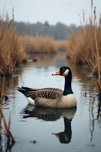 A lone goose decoy sits in a marsh, surrounded by cattails and water, under an overcast sky; waiting patiently for the hunting season ,  sky,  horizon,  patience