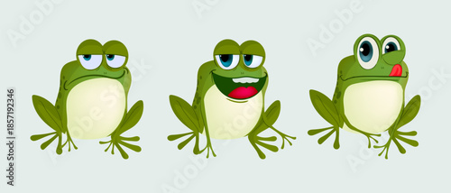 Cute cartoon little frog character vector illustration set. Funny green toad animal collection.