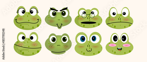 Cute cartoon little frog character vector illustration set. Funny green toad animal collection.