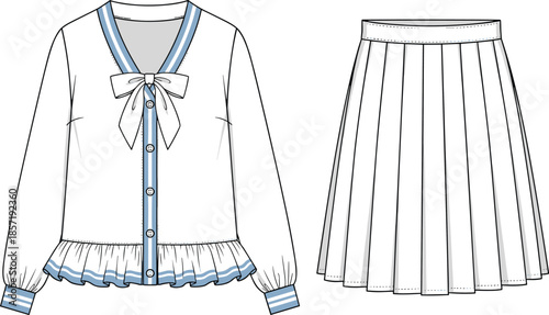 Elegant fashion illustration, stylish blouse with bow neckline, ruffled hem, pleated skirt design, vector garment drawing, modern clothing sketch, apparel concept art