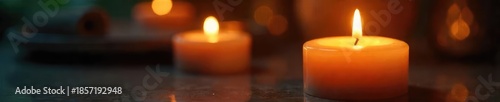 Close-up of a burning candle, soft candlelight illuminating the surrounding area, creating a warm and inviting atmosphere Perfect for relaxation, meditation, or spa themes , beauty, evening