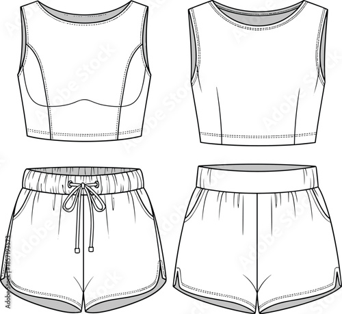 Fashion vector illustration, technical clothing sketch, crop top and shorts design, casual athletic outfit drawing, garment construction template, apparel flat sketch, modern sportswear concept