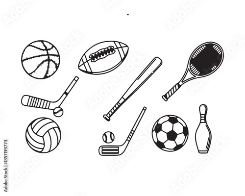 Assorted sports equipment including basketball football tennis racket baseball bat and more