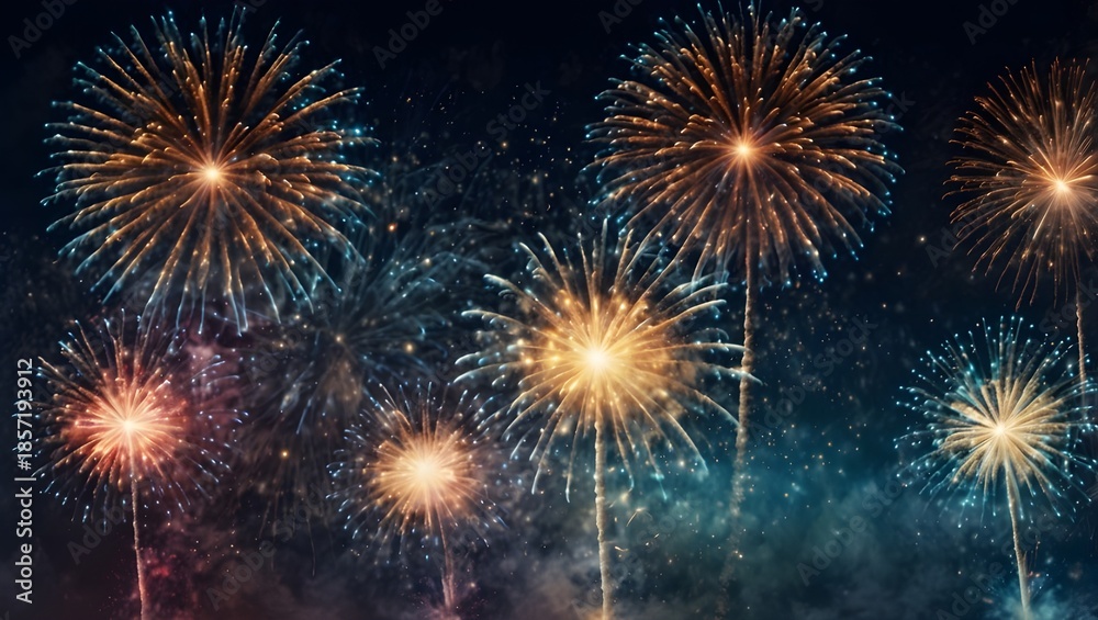 Fototapeta premium Panoramic New Year’s Eve Fireworks Banner Background