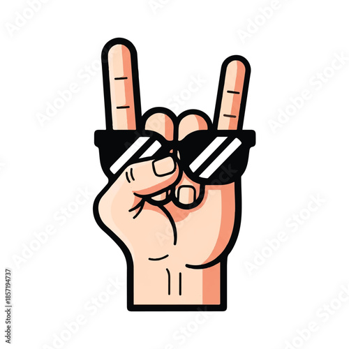 A cool hand rock sign symbol, presented in a bold 2D flat vector illustration style, stands out vividly isolated on a clean white background, conveying energy and music culture.