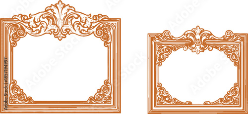 An empty antique gold picture frame with an ornate baroque design and carved wooden texture is isolated on a blank white background for vintage art decoration