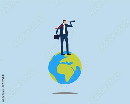 Businessman on Earth with Telescope Looking for Success. Global Business Vision Concept. Symbolizes global business vision, strategic planning, international opportunities, career growth,