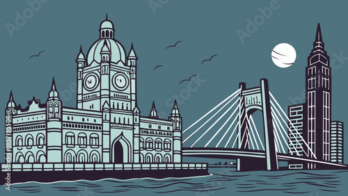 Kolkata skyline with skyscrapers and bridge reflects a bustling cityscape. Ideal for travel, architecture, city life, and urbanthemed designs.