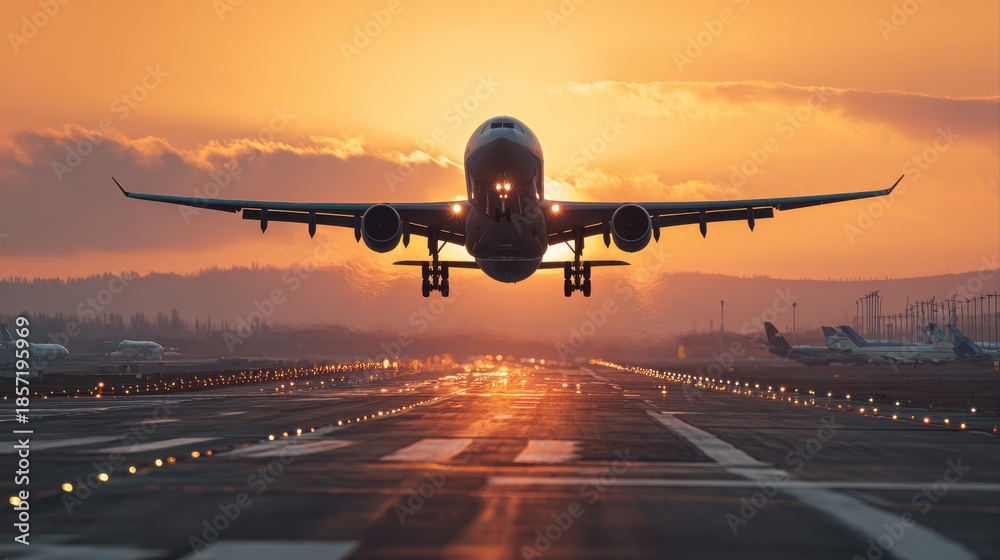 Naklejka premium Traffic at airport at golden sunset. Wide shot of passenger airplane taking off from runway.
