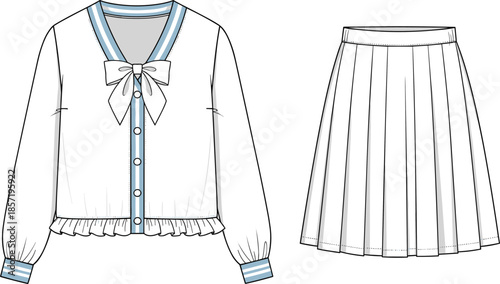 Japanese school uniform fashion illustration, sailor collar blouse with bow, pleated skirt vector art, anime inspired outfit design, stylish clothing artwork
