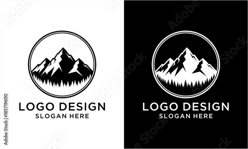 Mountain and forest logo design with circular frame, black and white.