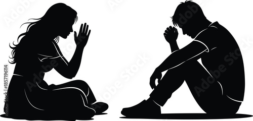 Marital relationship problem, sad unhappy young couple, man and woman sitting on floor separated, contemplating divorce or breakup, thinking about family issues, vector silhouette illustration