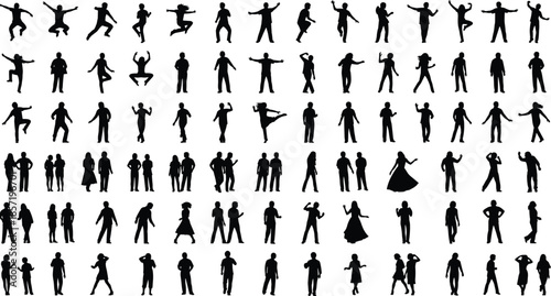 Mega black silhouette vector set of diverse people in various poses, standing, walking, jumping, sitting, dancing figures, isolated graphic collection on white background
