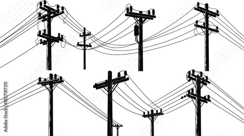 Silhouette wooden power poles with electrical wires, detailed overhead line structures, classic utility network illustration, urban electricity cable system vector artwork