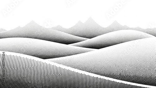 Black and white halftone illustration of wavy lines and hills on white background, abstract graphic design element, modern halftone pattern